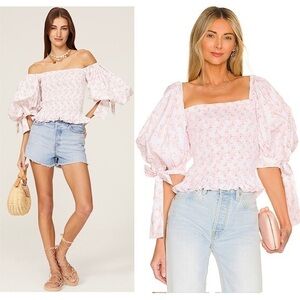 CAROLINE CONSTAS Floral Off Shoulder Puff Short Sleeve Bow Cuff Smocked Top S